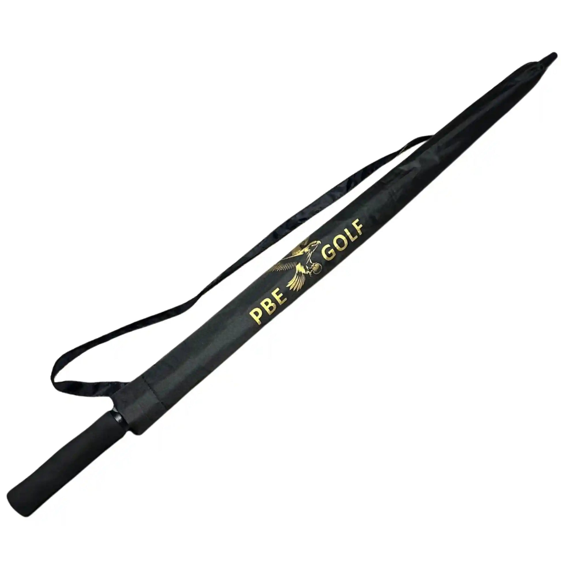 Black golf umbrella with 'PBE Golf' branding on a white background