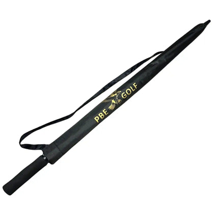 Black golf umbrella with 'PBE Golf' branding on a white background