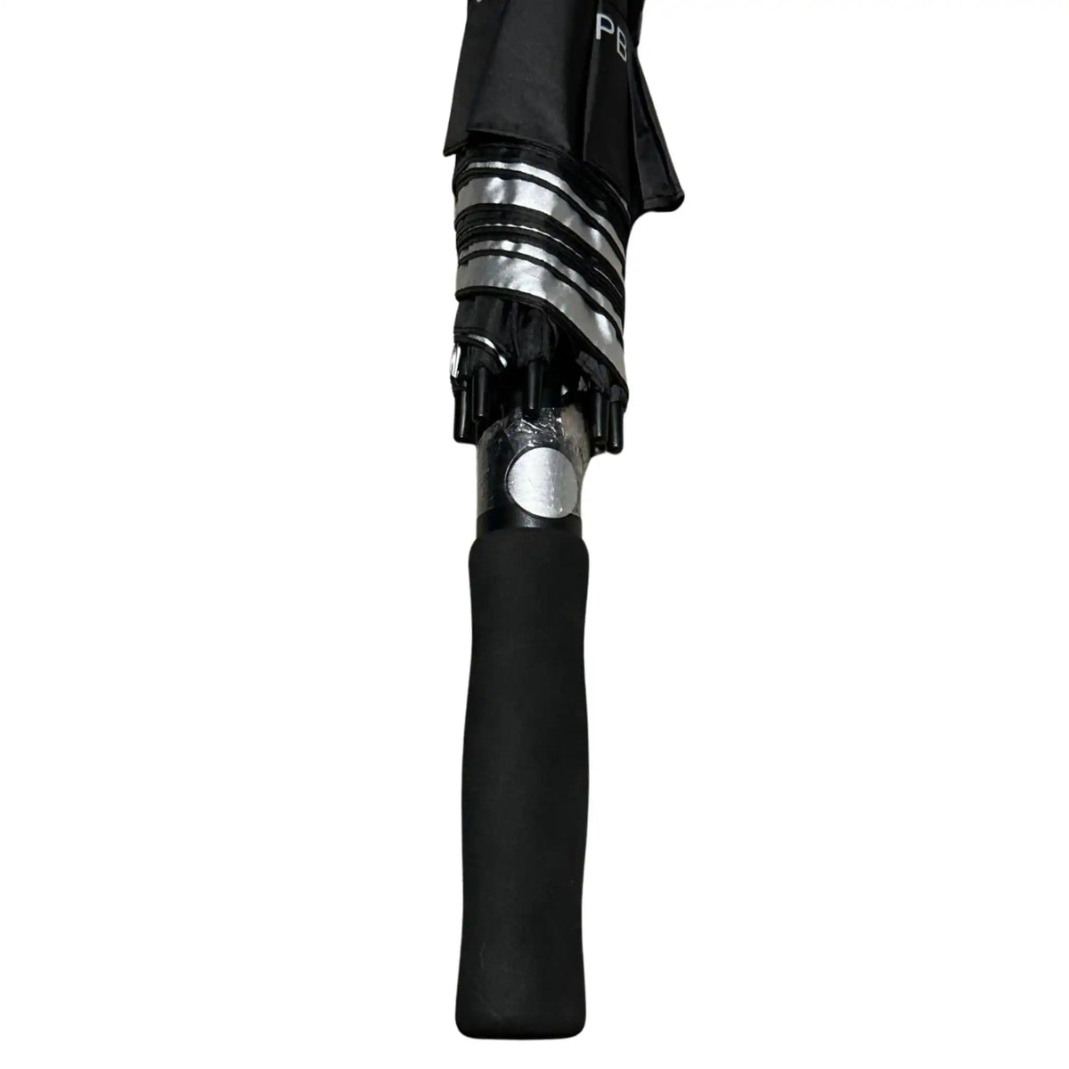 Close-up of an umbrella's black handle and silver mechanism on a white background