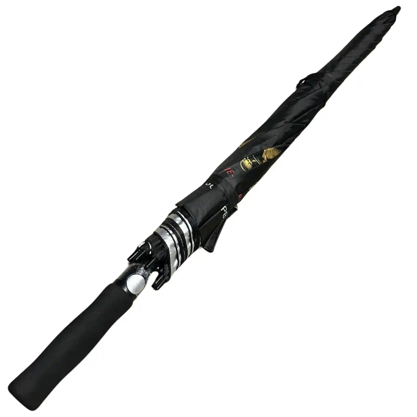 Black umbrella with decorative handle on a white background