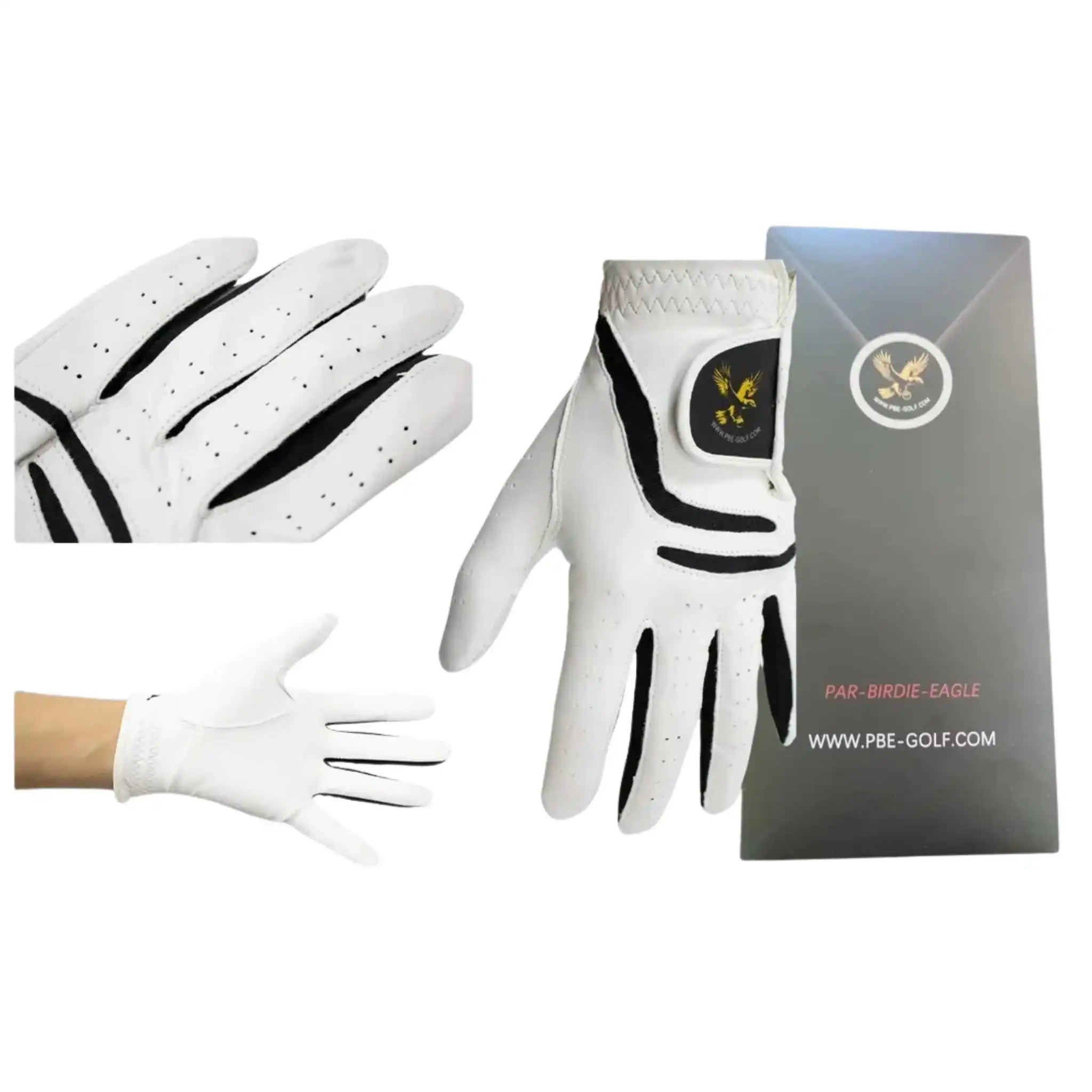 White golf glove with black accents and a box displaying a brand logo on a white background