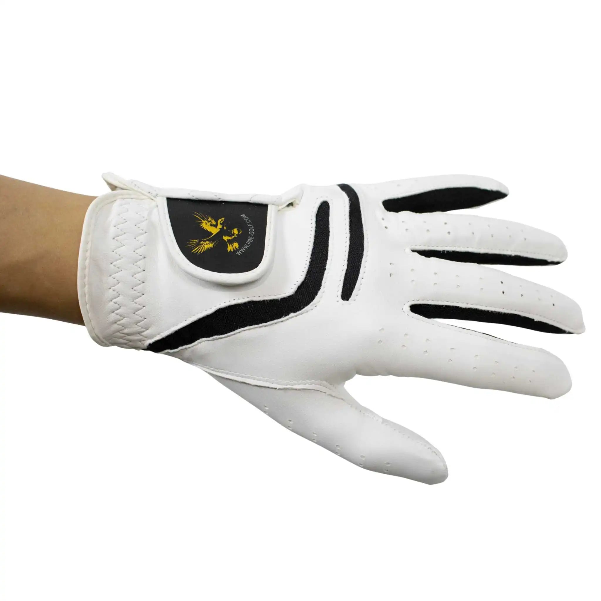 White golf glove with black accents on a white background