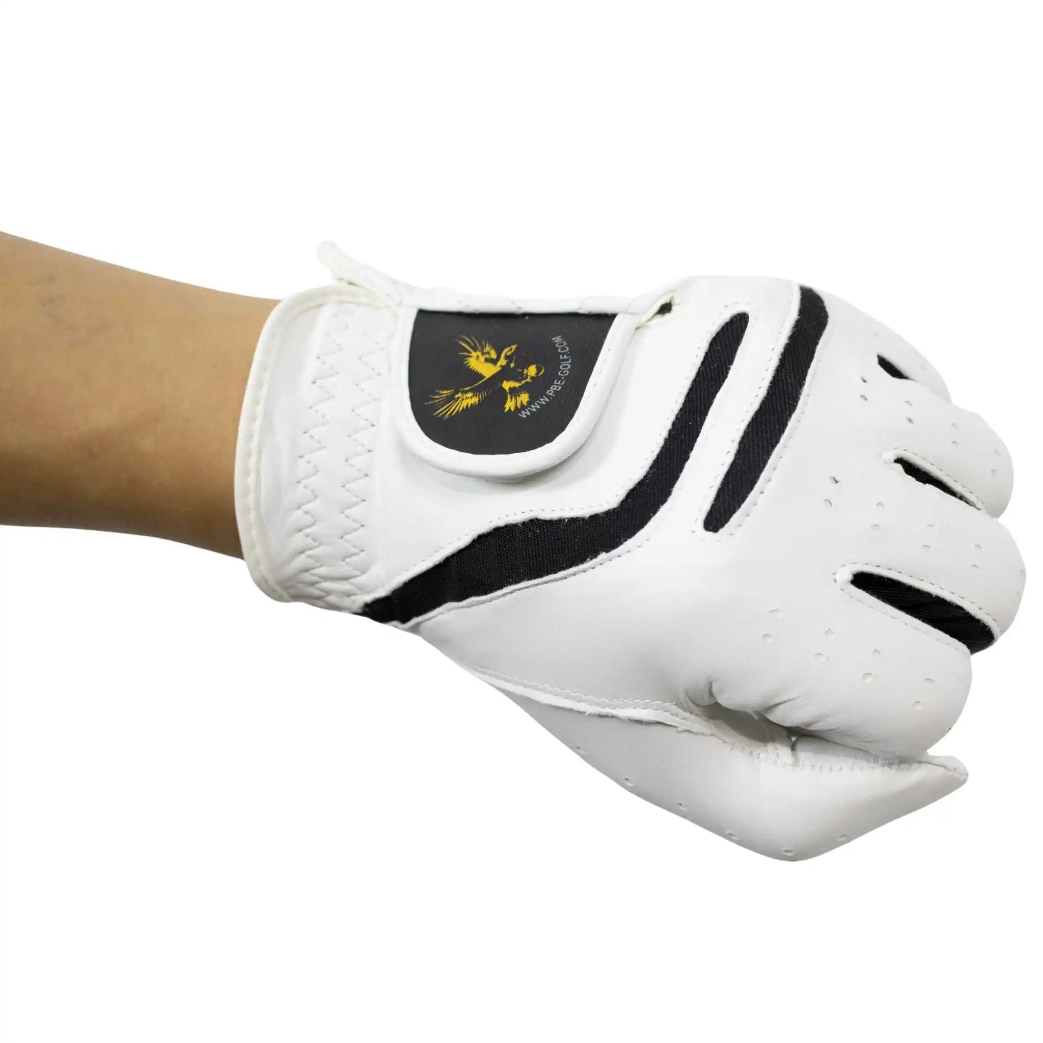 White leather glove with black accents on a white background