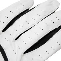 Close-up of white golf gloves with black accents on a white background