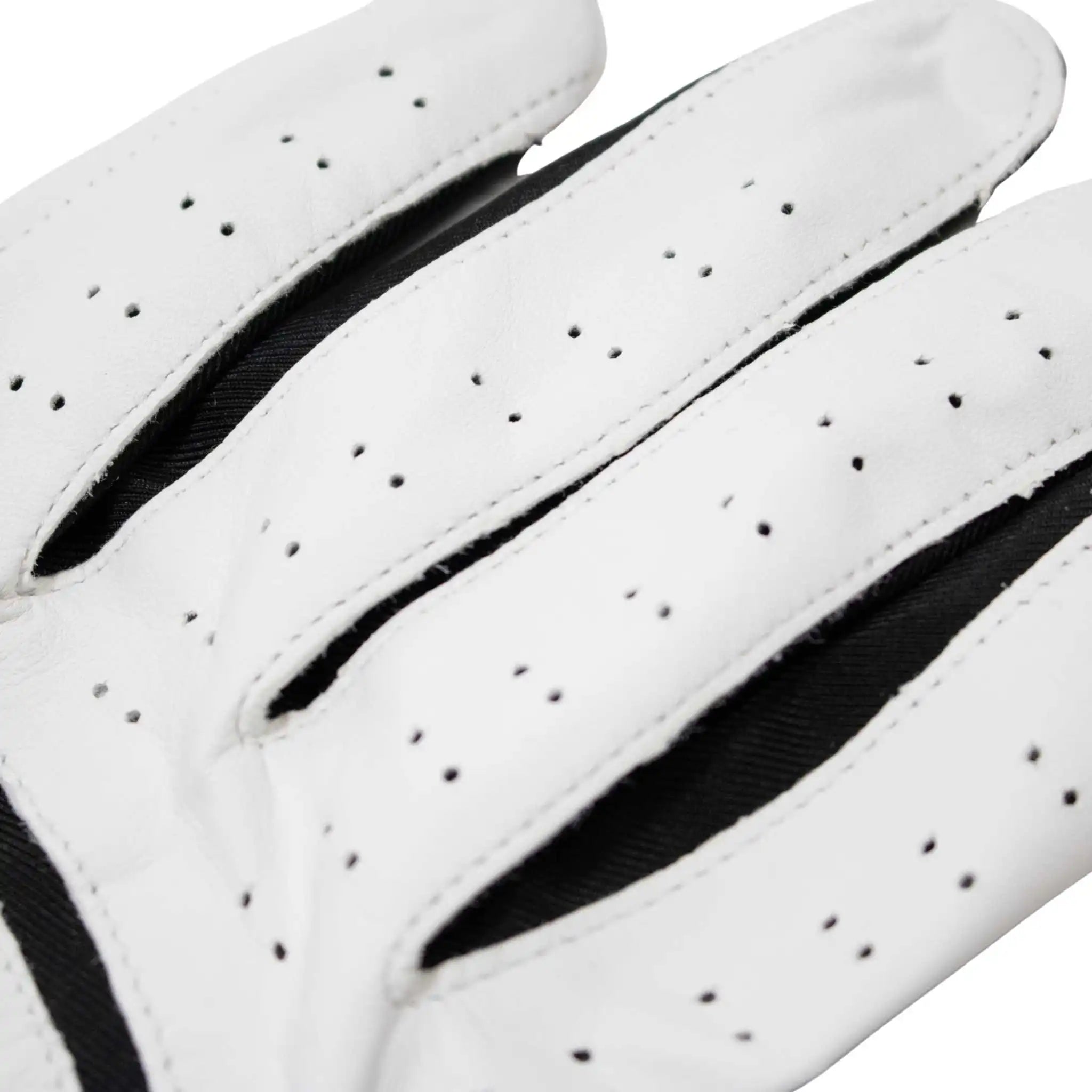 Close-up of white golf gloves with black accents on a white background