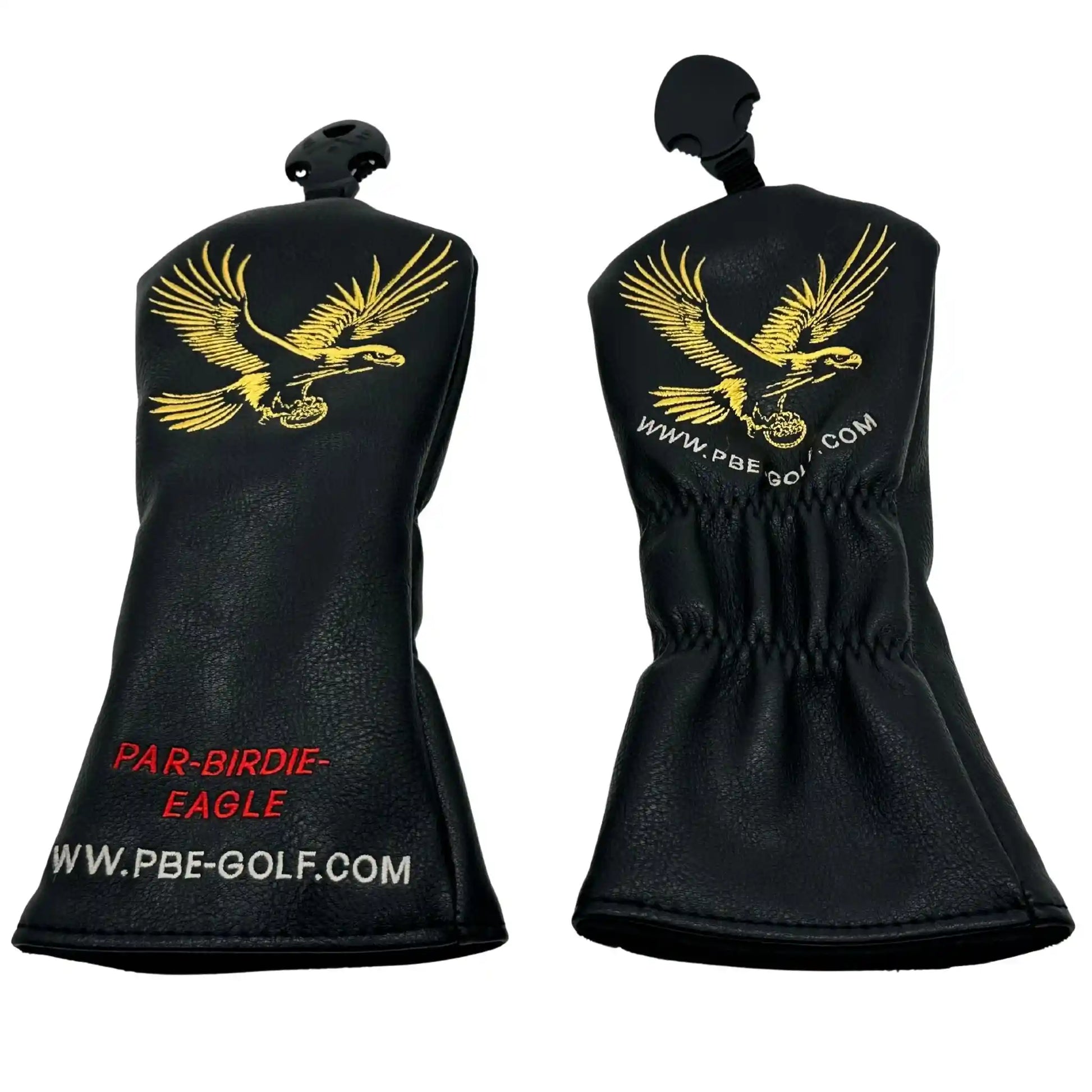 Black golf club head covers with gold eagle design and red text on a white background