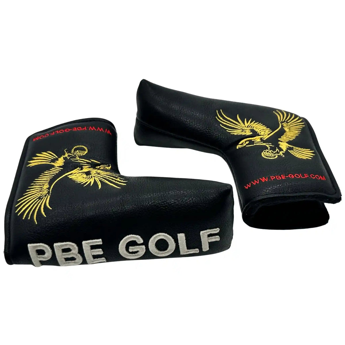 Two black golf club heads with gold eagle design and 'PBE Golf' branding on a white background.