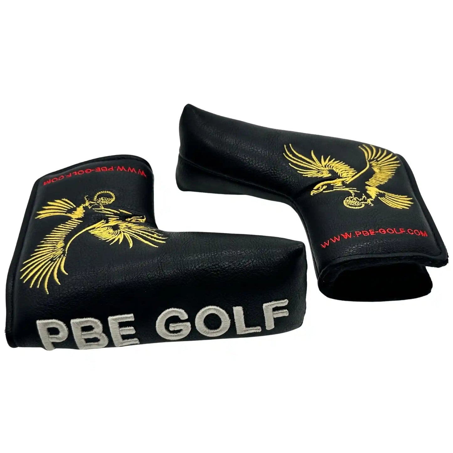 Two black golf club heads with gold eagle design and 'PBE Golf' branding on a white background.