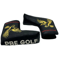 Two black golf club heads with gold eagle design and 'PBE Golf' branding on a white background.