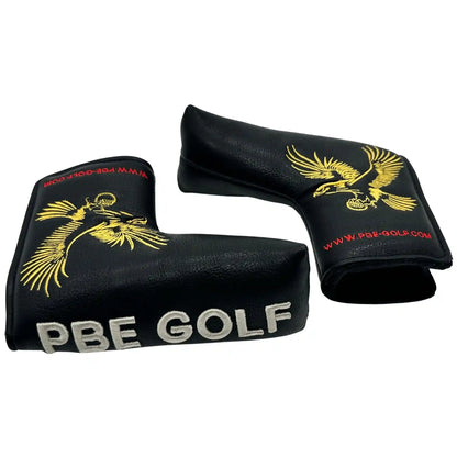 Two black golf club heads with gold eagle design and 'PBE Golf' branding on a white background.