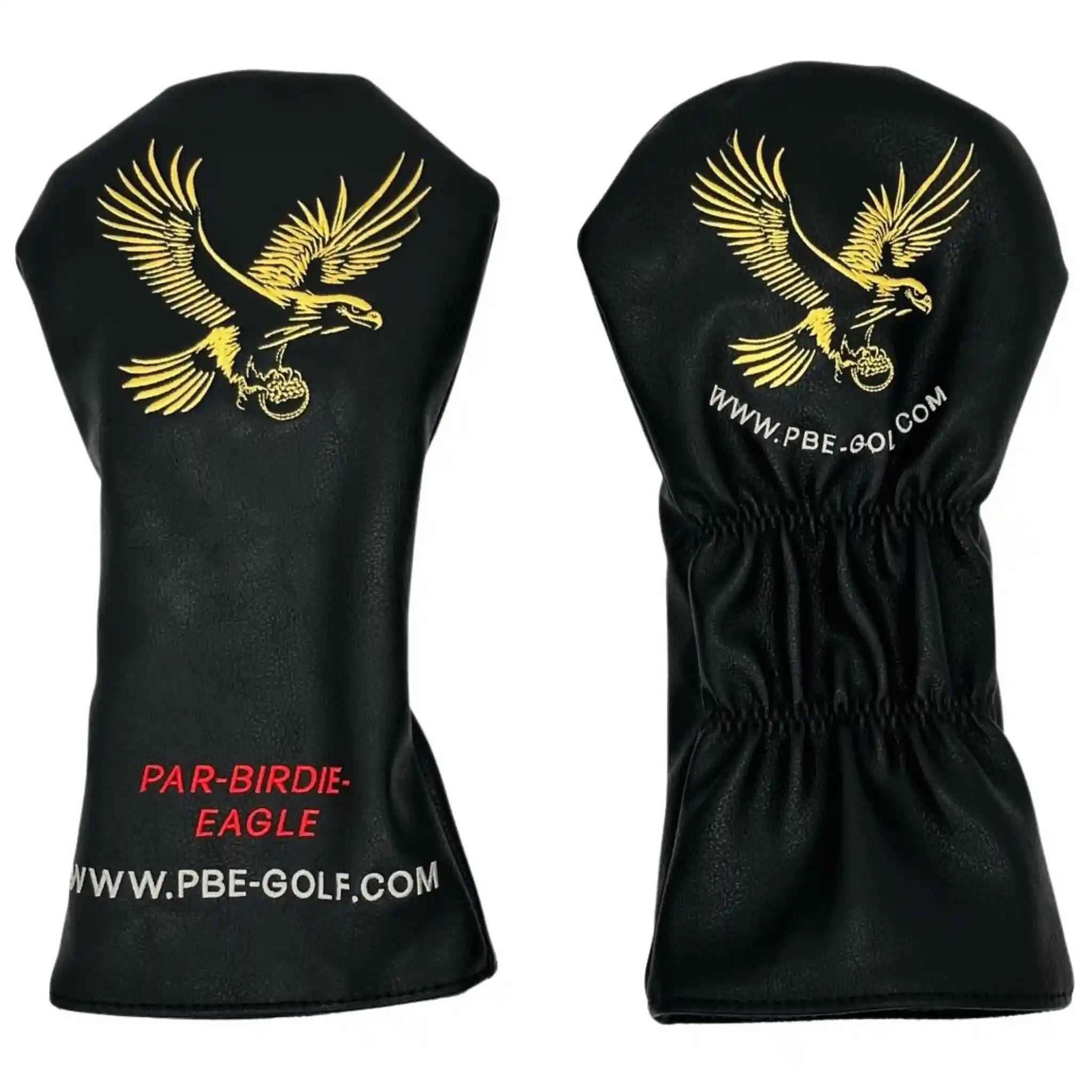 Black golf club covers with gold eagle design and red text on a white background