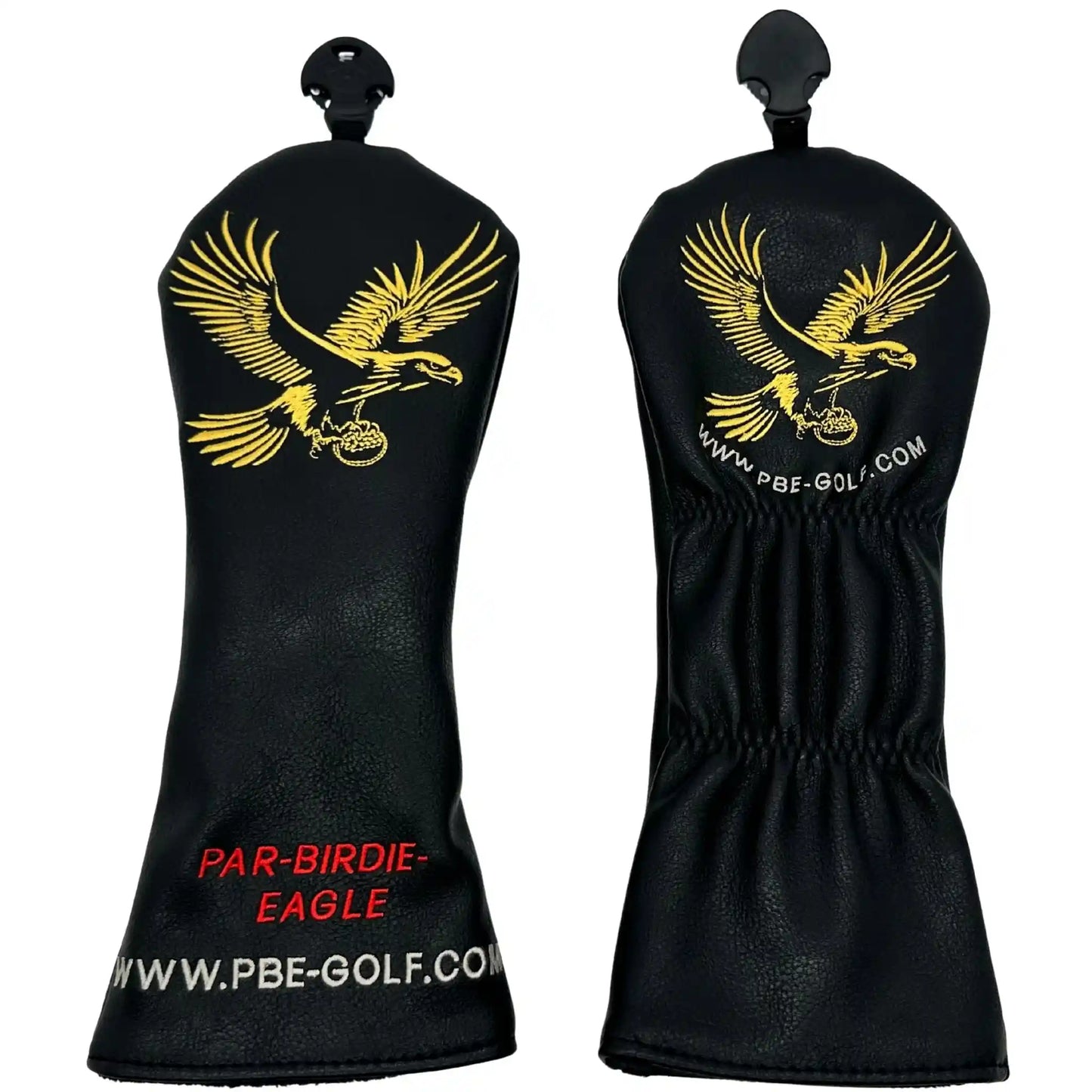 Black golf club head covers with gold eagle design and red text on a white background