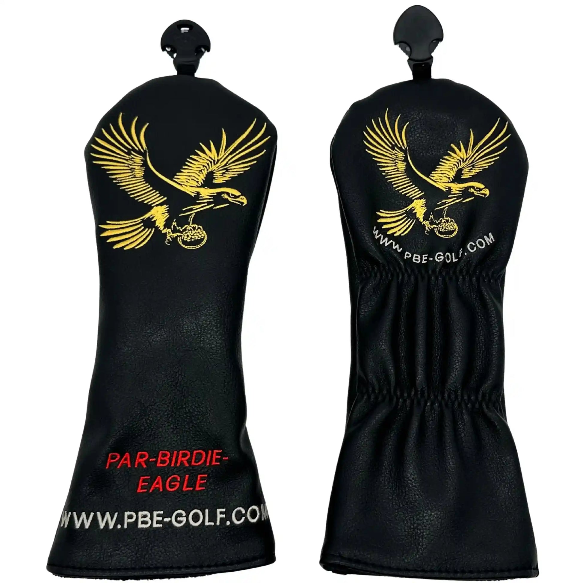 Black golf club head covers with gold eagle design and red text on a white background