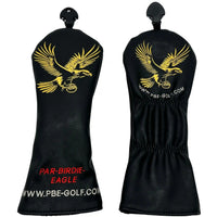Black golf club head covers with gold eagle design and red text on a white background