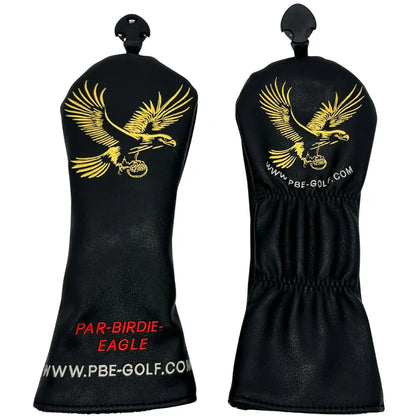 Black golf club head covers with gold eagle design and red text on a white background