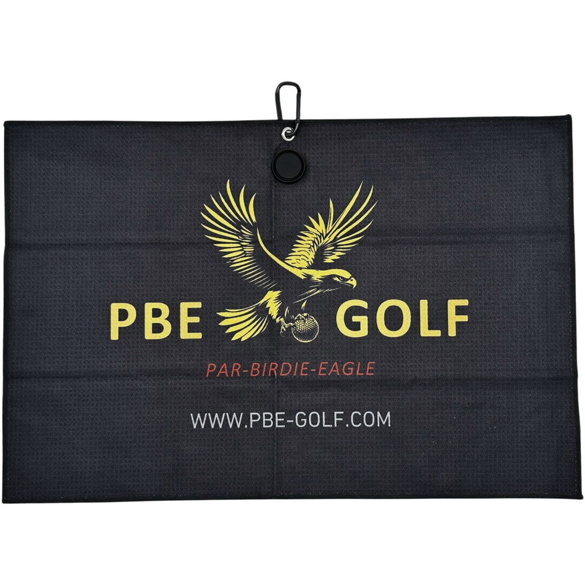 Black golf towel with yellow eagle logo and 'PBE Golf' text on a white background