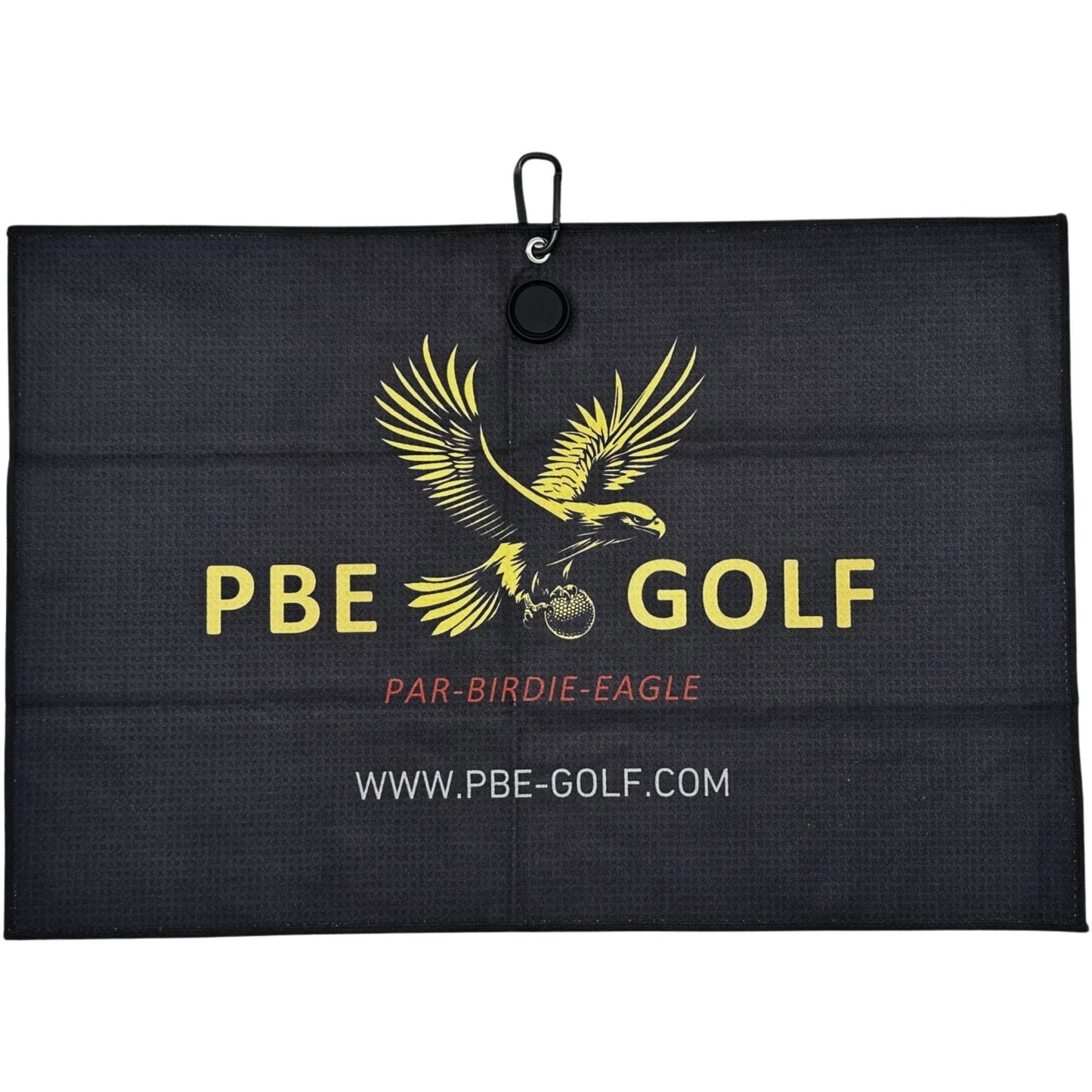 Black golf towel with yellow eagle logo and 'PBE Golf' text on a white background