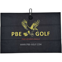 Black golf towel with yellow eagle logo and 'PBE Golf' text on a white background
