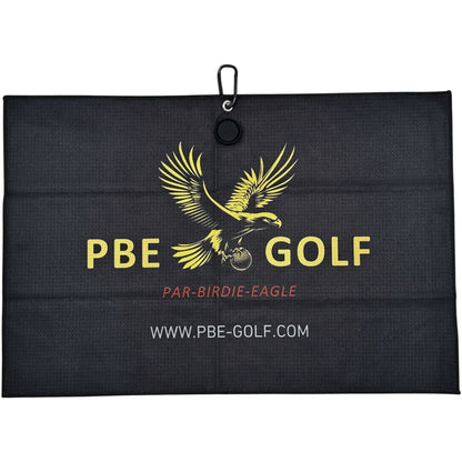 Black golf towel with yellow eagle logo and 'PBE Golf' text on a white background