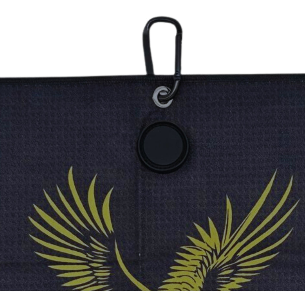Black golf towel with magnet,  with yellow wing design and carabiner clip on a white background