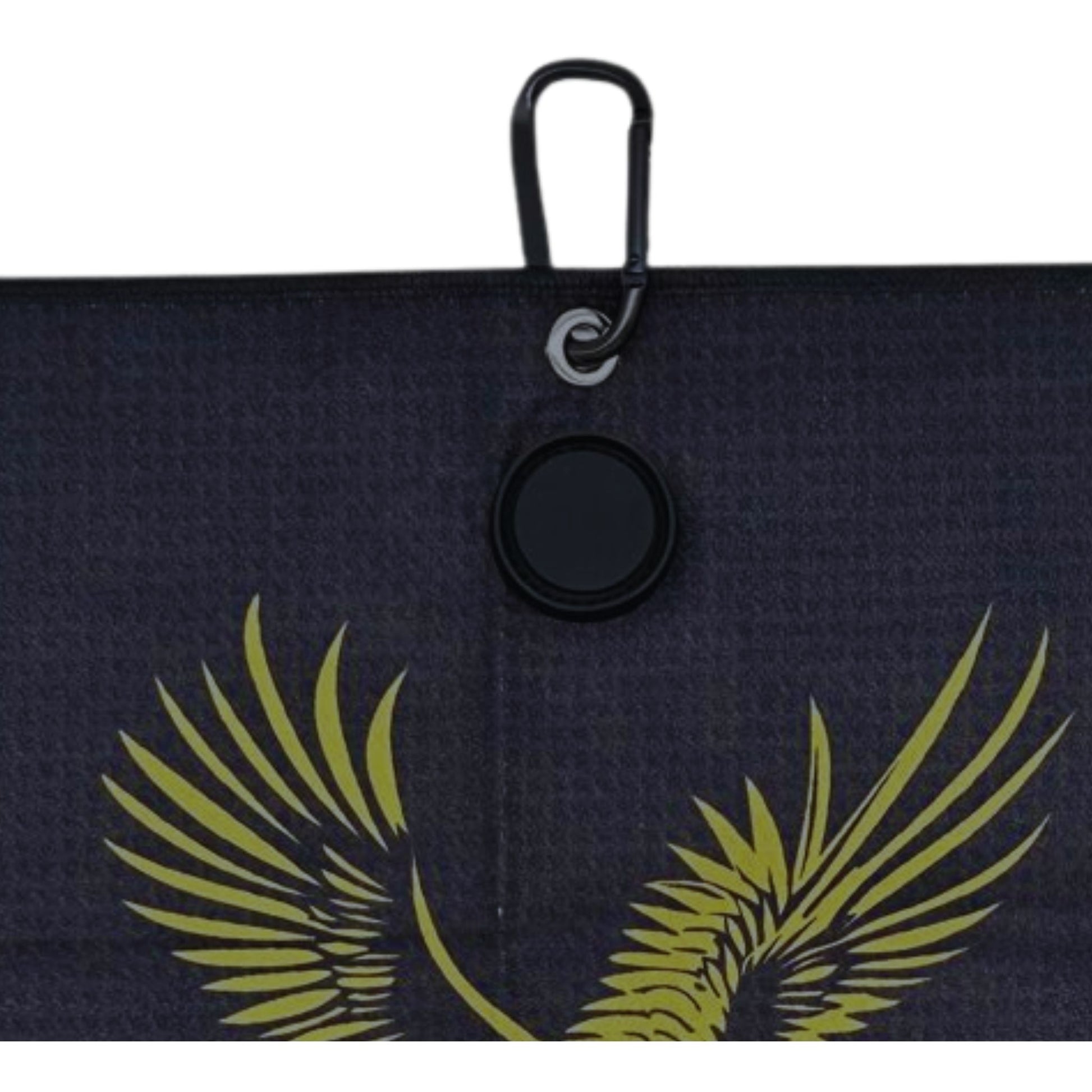 Black golf towel with magnet,  with yellow wing design and carabiner clip on a white background