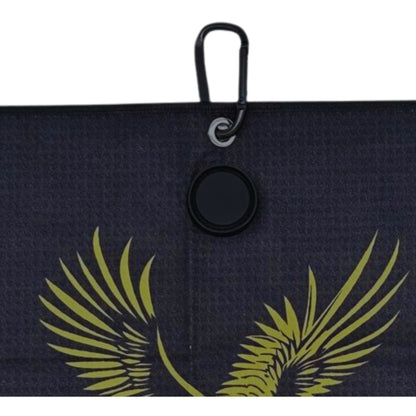 Black golf towel with magnet,  with yellow wing design and carabiner clip on a white background