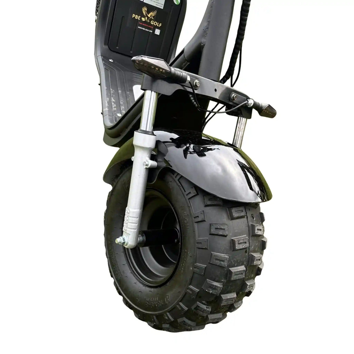 Golf cart fat tire/tyre with a black rim on a white background
