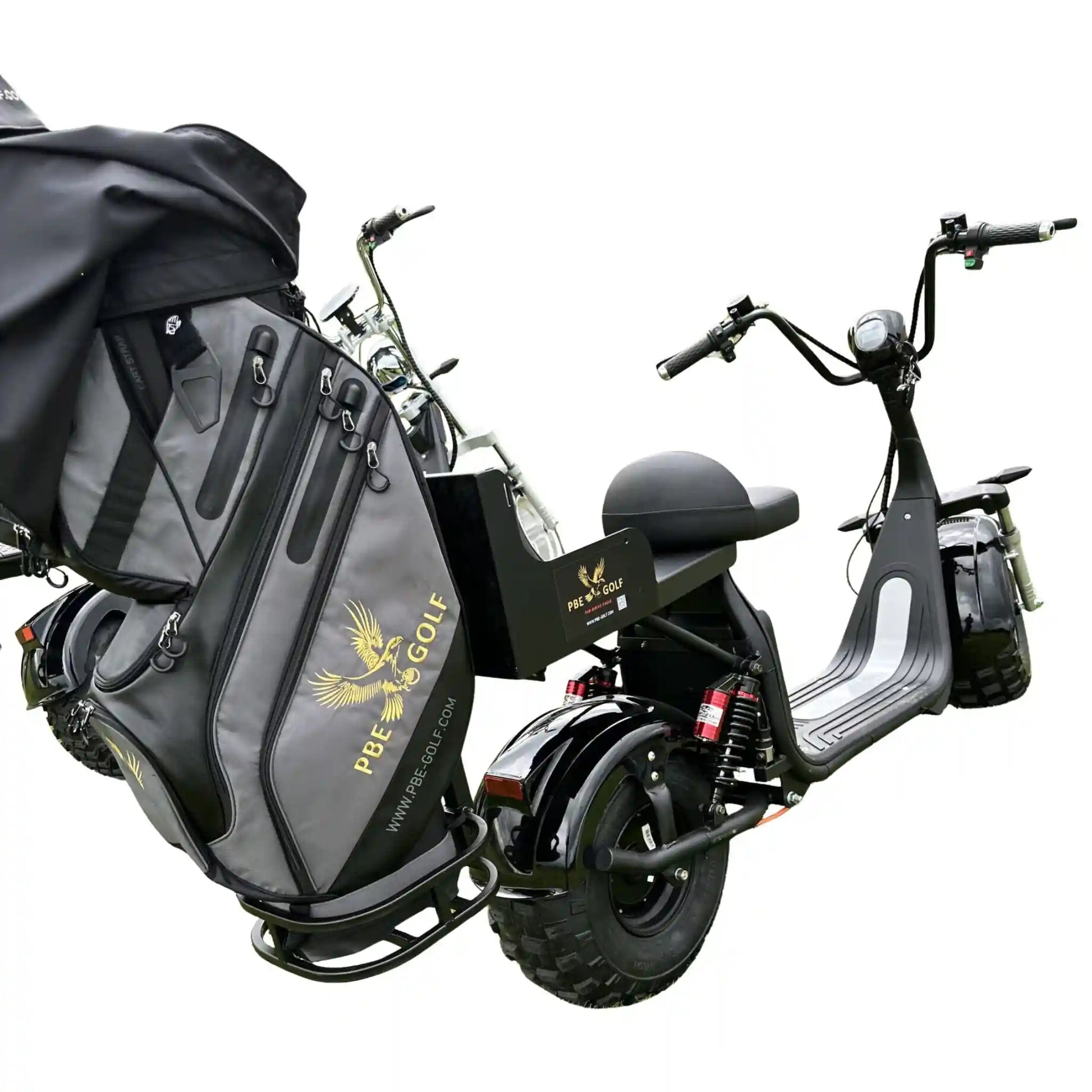 Black electric scooter with a golf bag attached on a white background