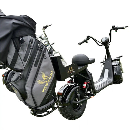Black electric scooter with a golf bag attached on a white background