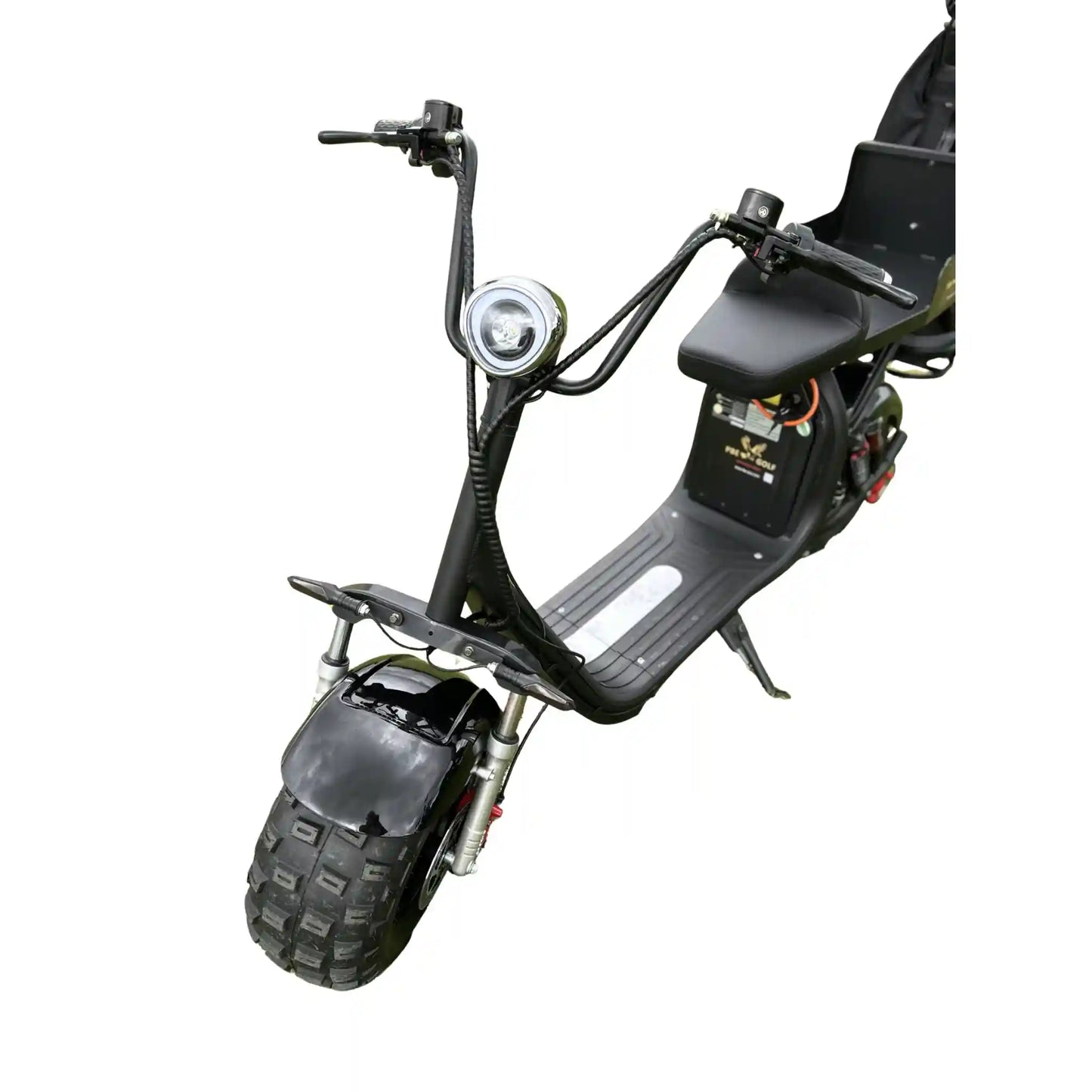 Close-up of a black electric scooter on a white background