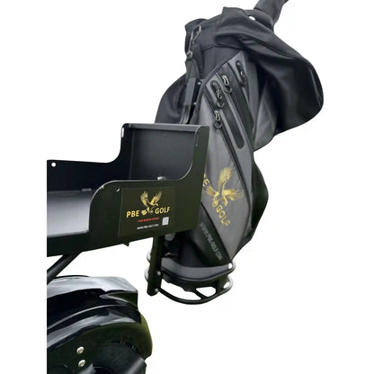 Black golf bag with PBE Golf branding on a white background