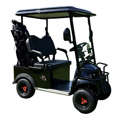 Black golf cart with golf clubs on a white background