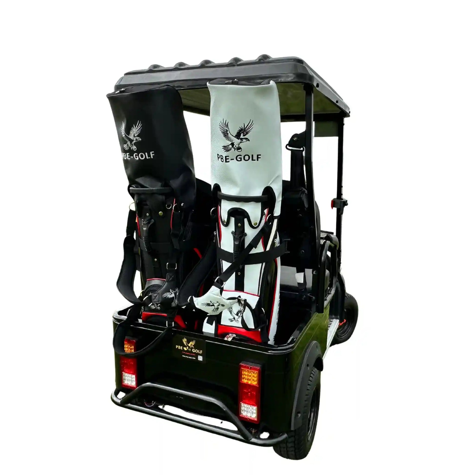 Black golf cart with PBE-GOLF branding on a white background