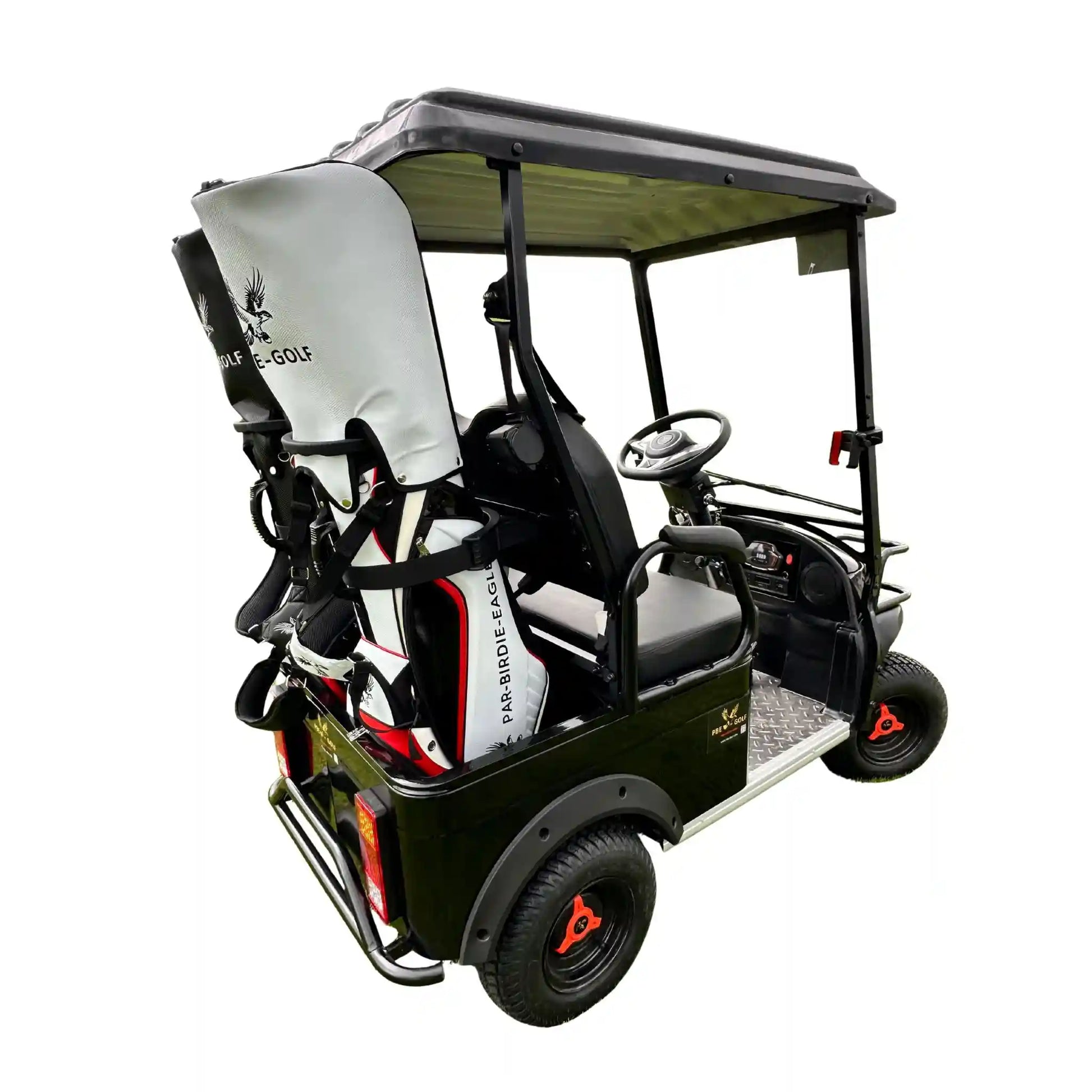Golf cart with a rider simulator attachment on a white background