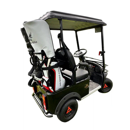 Golf cart with a rider simulator attachment on a white background