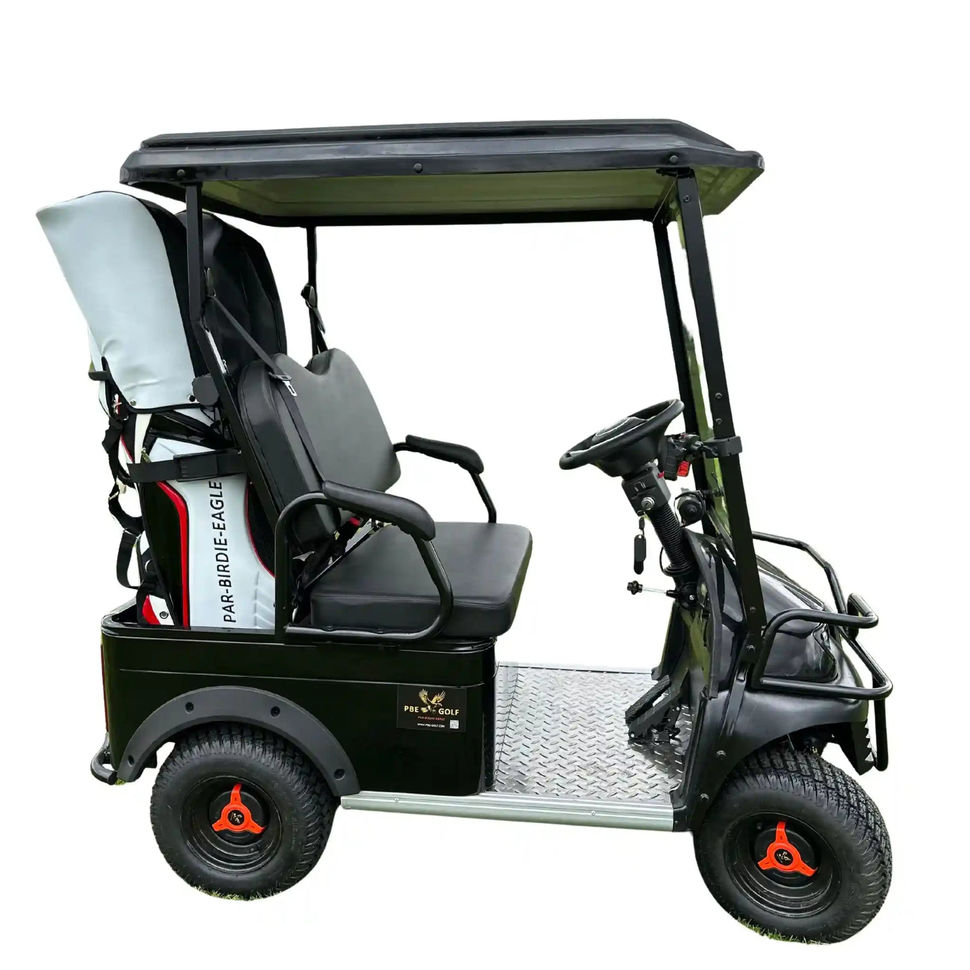 Black golf cart with a driver's seat and steering wheel on a white background