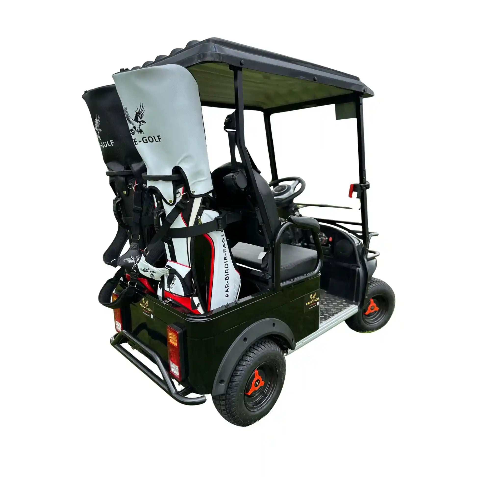 Electric golf cart with golf bags on a white background