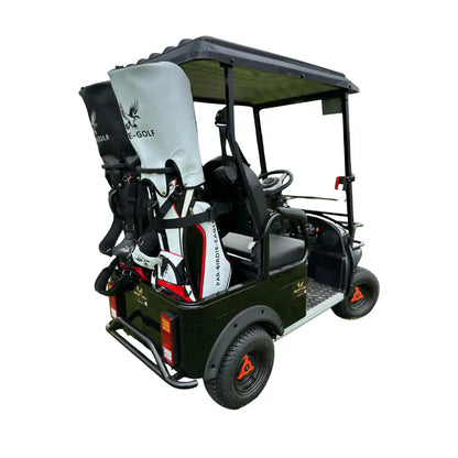 Electric golf cart with golf bags on a white background