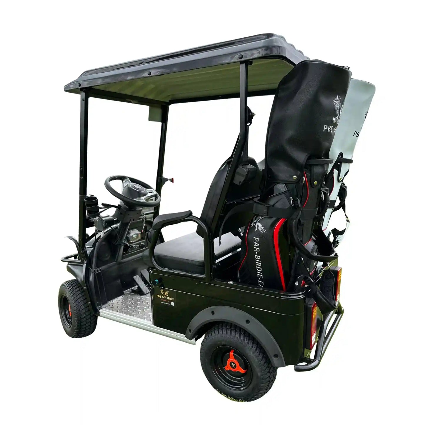 Golf cart with golf bags on a white background