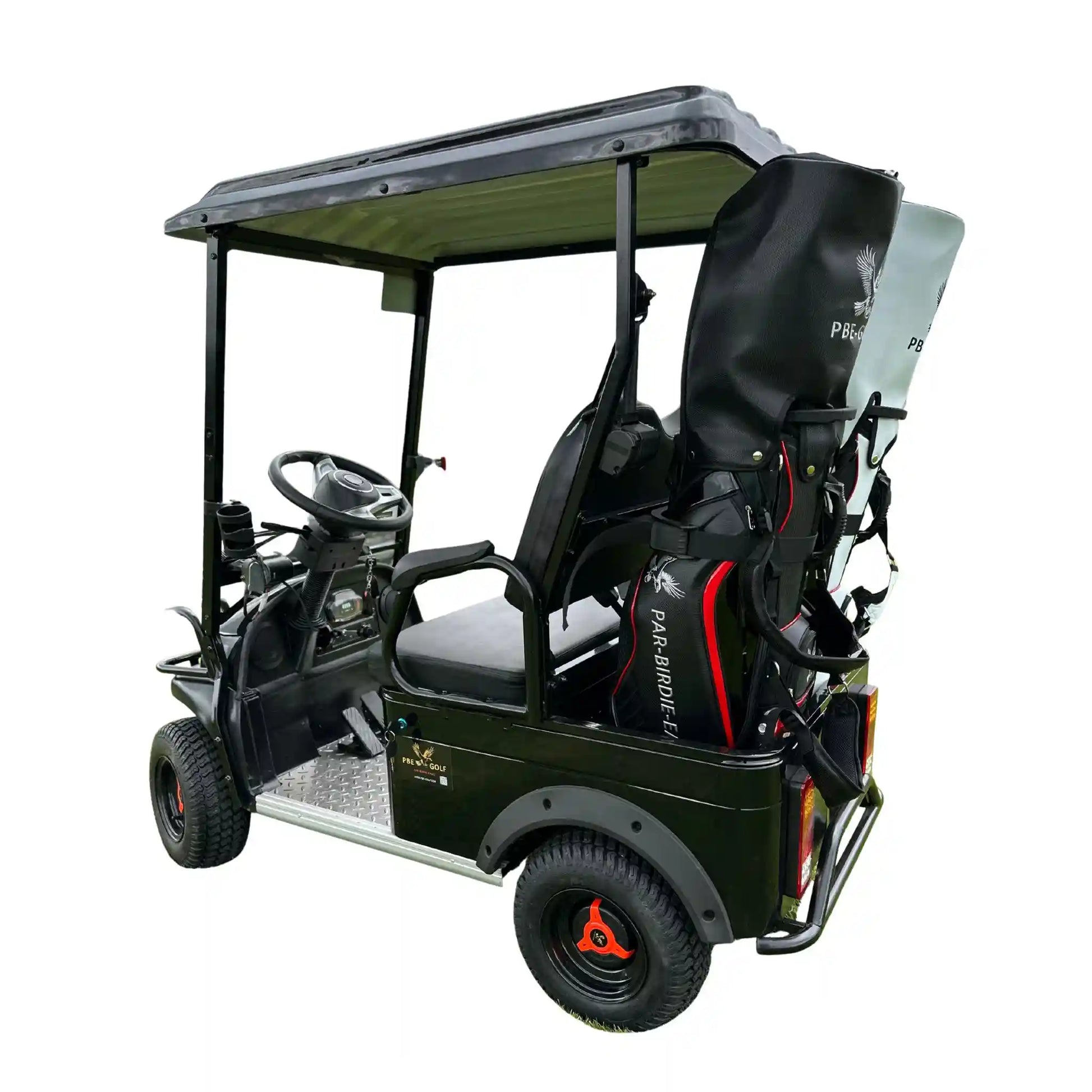 Golf cart with golf bags on a white background