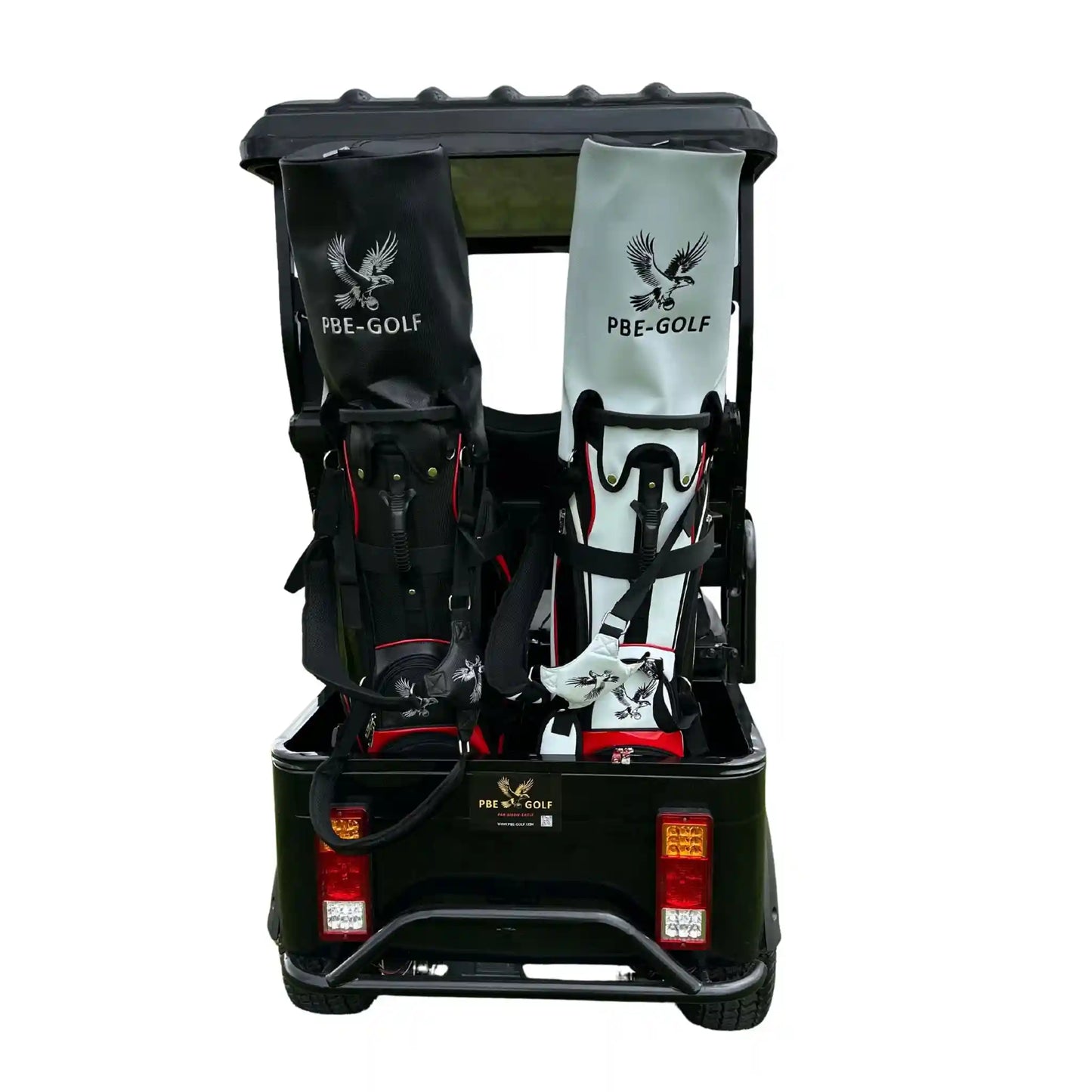 Black golf buggy with PBE-GOLF branding on a white background