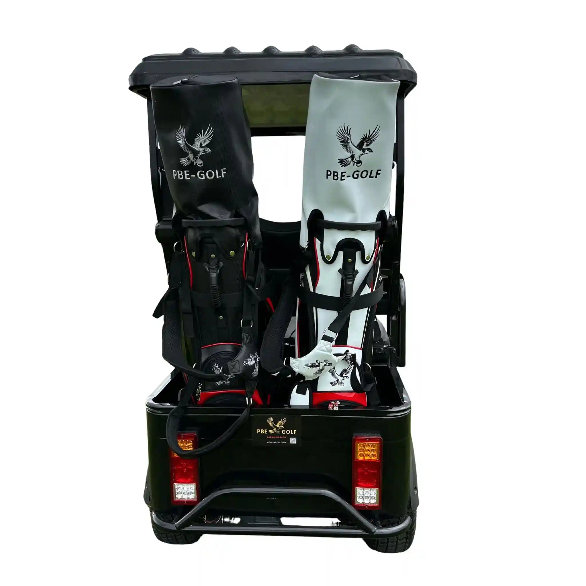 Black golf buggy with PBE-GOLF branding on a white background