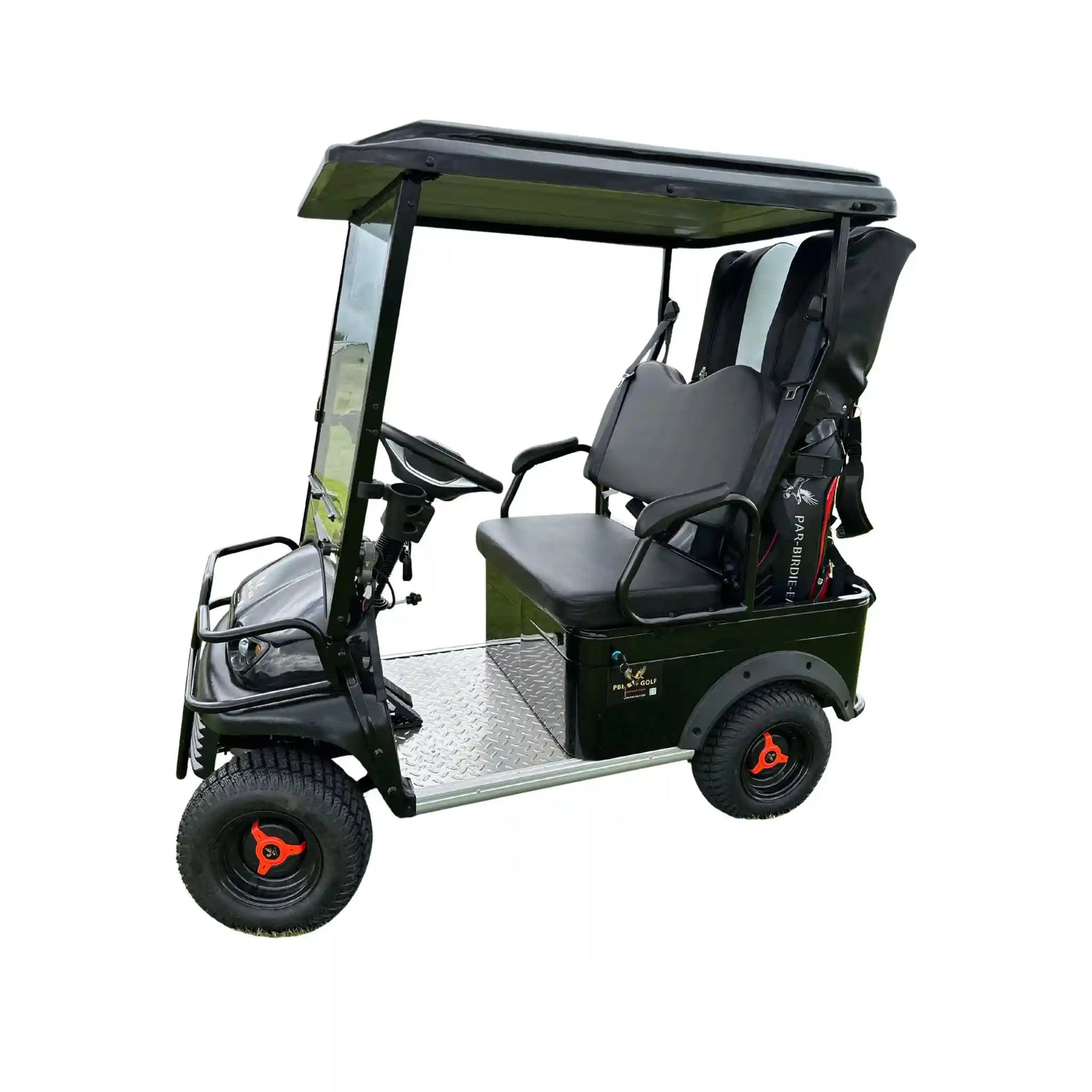 PBE golf cart with black seats on a white background
