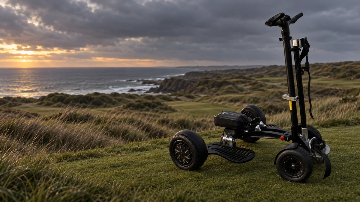 Hybrid electric golf buggy on a links fairway edge at dusk, facing right