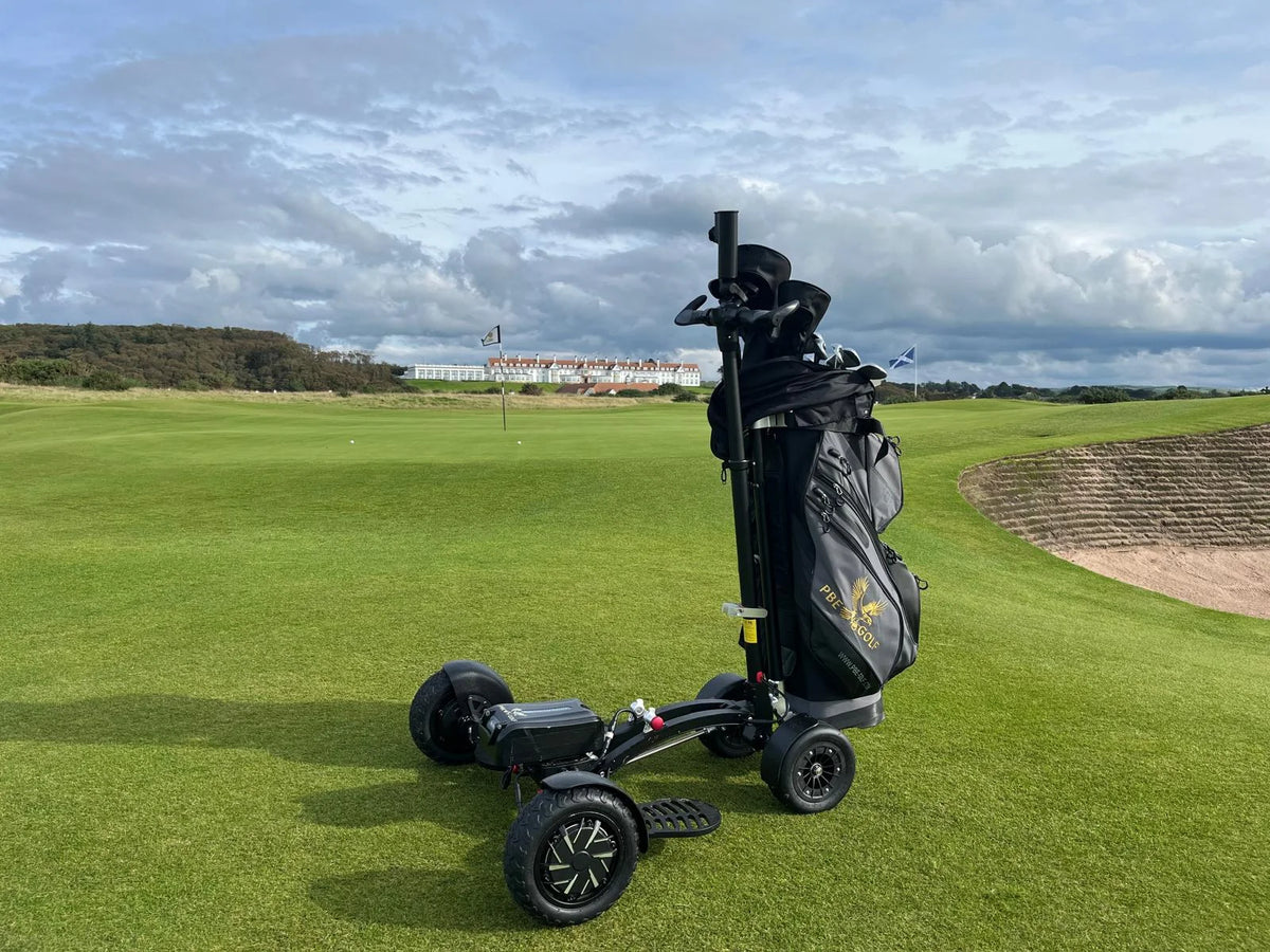 The PBE Hybrid on the course at Turnberry with the clubhouse behind