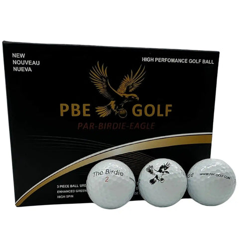 PBE Golf packaging with three golf balls in front