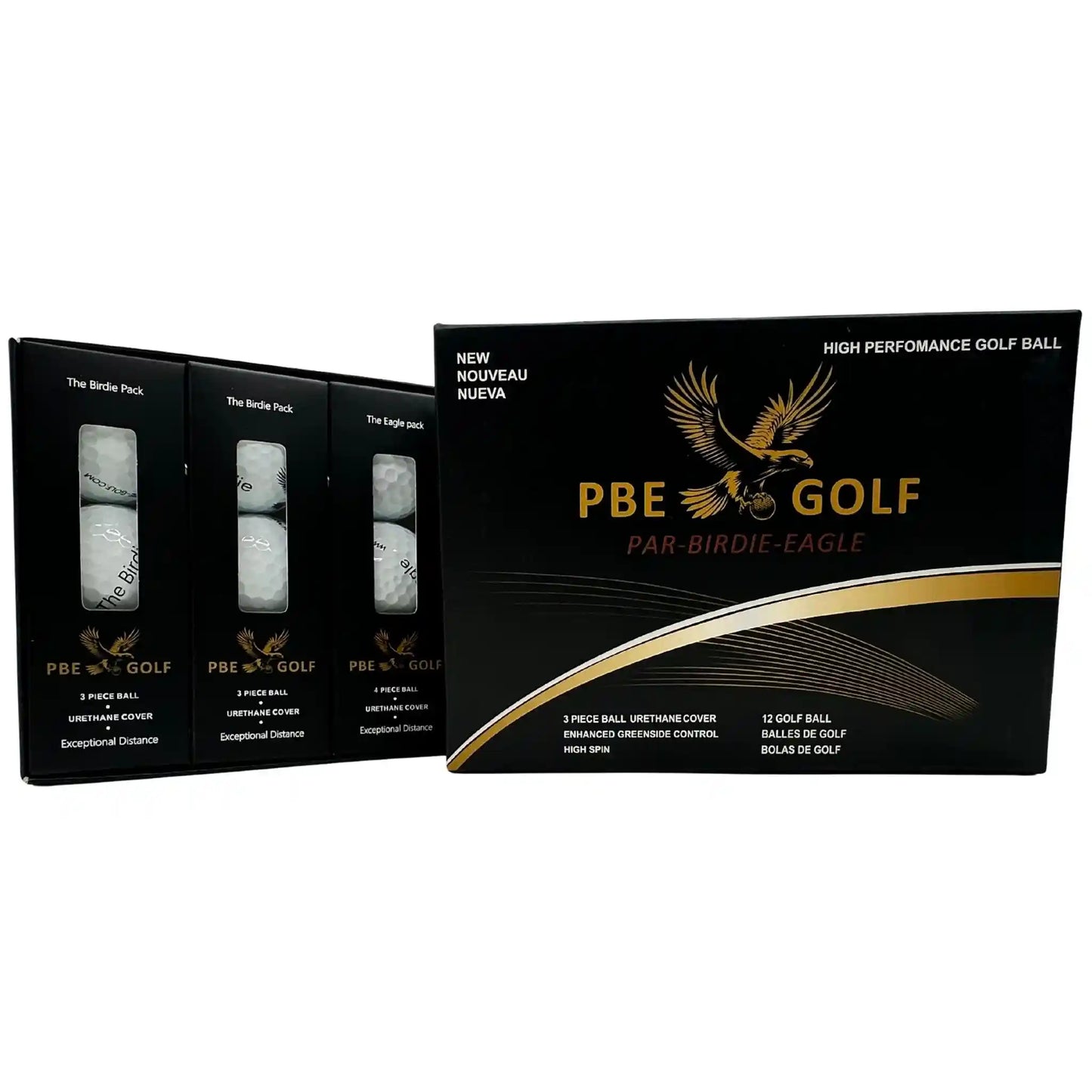 PBE Golf packaging with golf balls inside on a white background