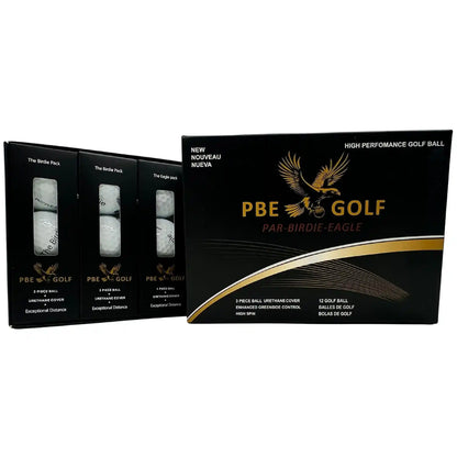 PBE Golf packaging with golf balls inside on a white background