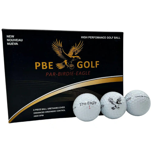 PBE Golf high performance golf balls with packaging on a white background
