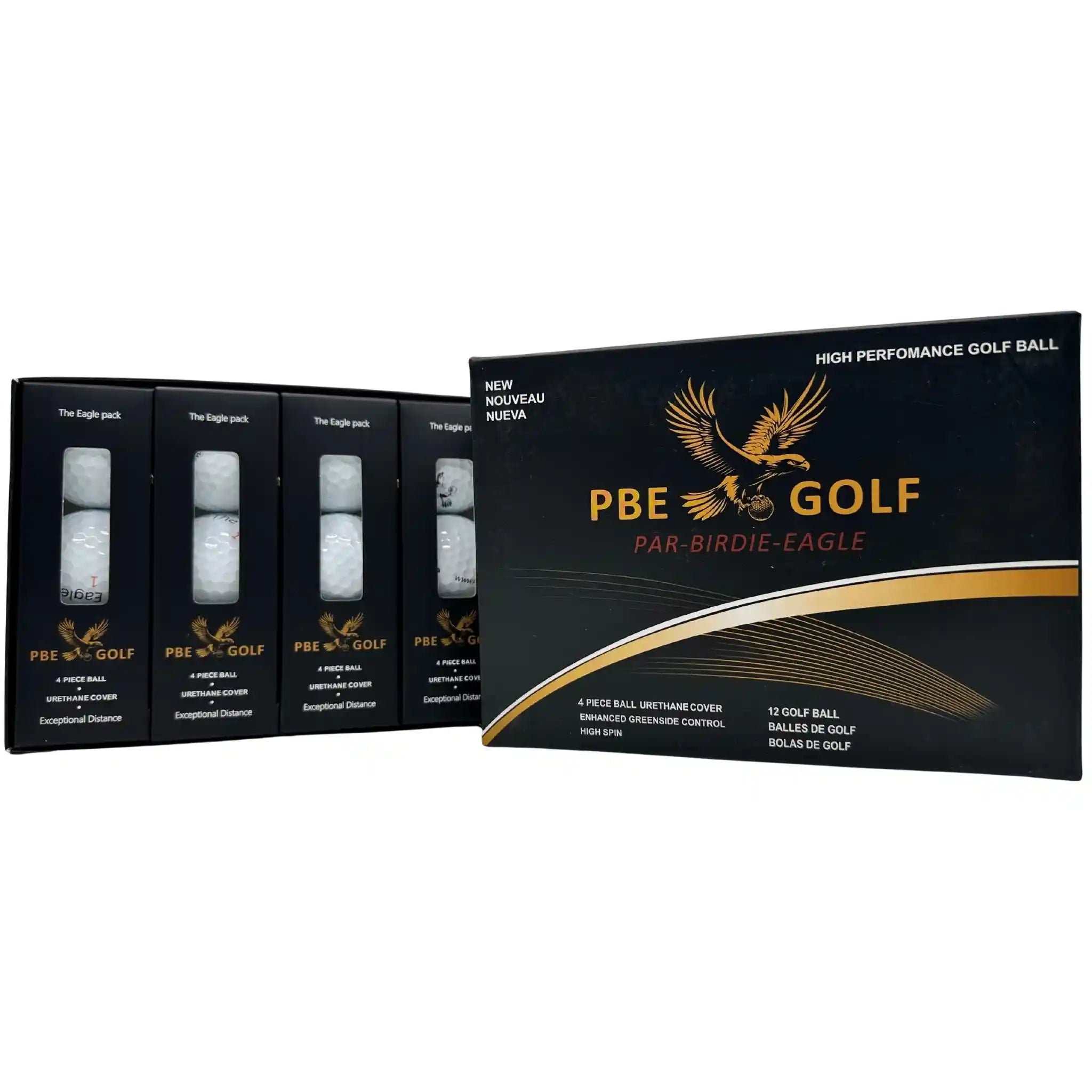 PBE Golf packaging with golf balls on a white background